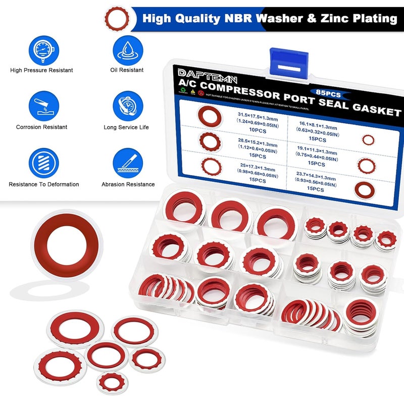 Daptemn 85PCS A/C O-Ring Assortment Kit, 6 Size Air Conditioning System Compressor Port Gasket Repairs Automotive Self-Centered Washer, Replace A/C Compressor Bonded Seal Washer (ID: 8mm-17.5mm) (Red) - Image 4